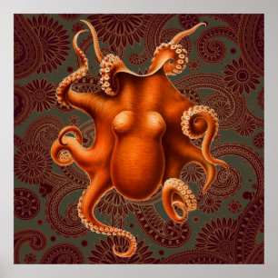 Octopus Red Cephalopod Vintage Design Poster