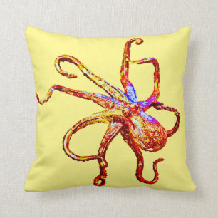 Octopus red yellow throw pillow