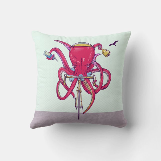 Octopus Riding a bike Throw Pillow (Back)