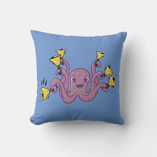 Octopus Ringing Handbells Cartoon Throw Pillow (Front)