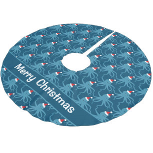 Octopus Santa Hat Blue Christmas Brushed Polyester Tree Skirt