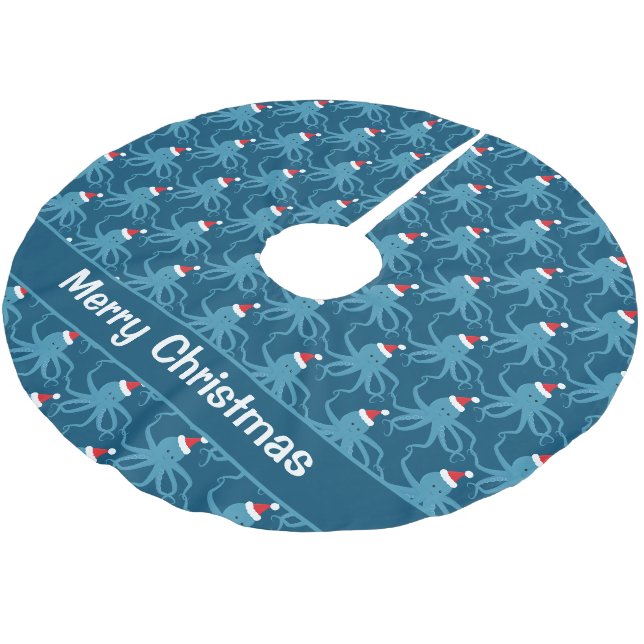 Octopus Santa Hat Blue Christmas Brushed Polyester Tree Skirt (Angled)