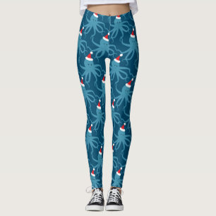 Octopus Santa Hat Blue Christmas Leggings