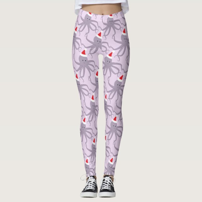 Octopus Santa Hat Purple Christmas Leggings (Front)