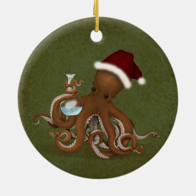 Octopus Scientist Steampunk Vintage Inspired Ceramic Ornament (Back)