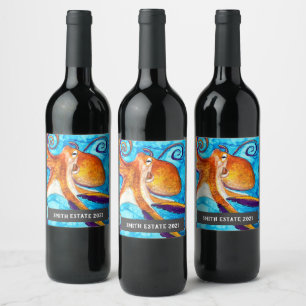 Octopus sea creature watercolor art wine label