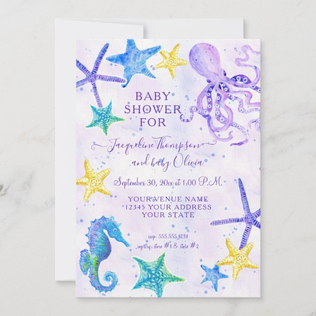Octopus Seahorse Starfish Beach Purple Baby Shower (Front)
