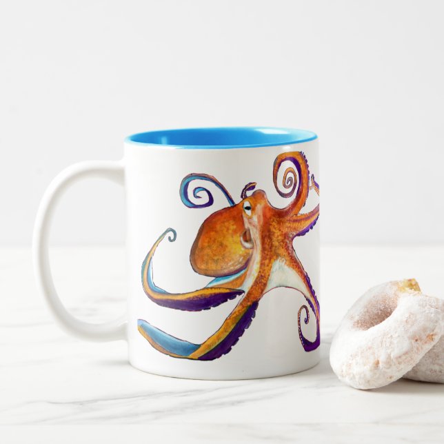 Octopus sealife watercolor art Two-Tone coffee mug (With Donut)