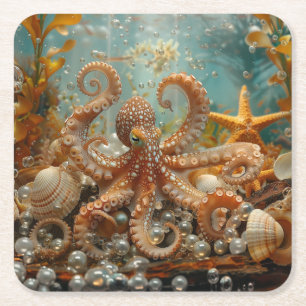 Octopus Seashells Starfish Pearls Ocean Tropical Square Paper Coaster