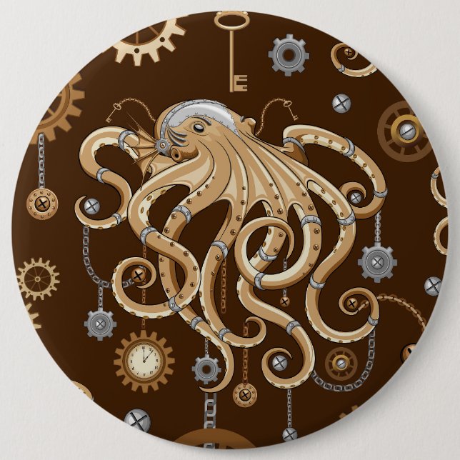 Octopus Steampunk Retro Mechanical Fantasy 6 Inch Round Button (Front)