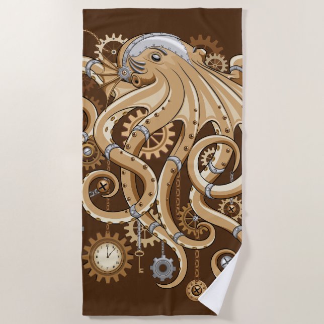Octopus Steampunk Retro Mechanical Fantasy Beach Towel (Front)