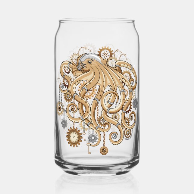 Octopus Steampunk Retro Mechanical Fantasy Can Glass (Front)