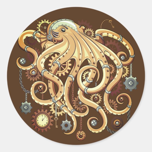 Octopus Steampunk Retro Mechanical Fantasy Classic Round Sticker (Front)