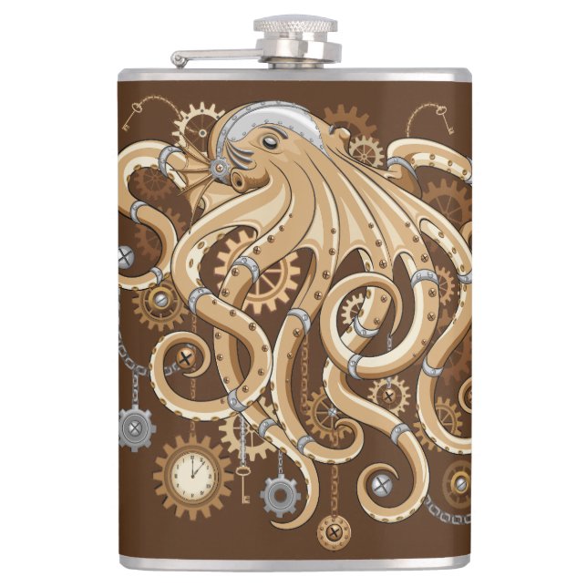 Octopus Steampunk Retro Mechanical Fantasy Hip Flask (Front)