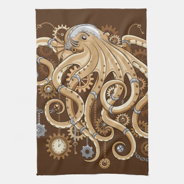 Octopus Steampunk Retro Mechanical Fantasy Kitchen Towel (Vertical)