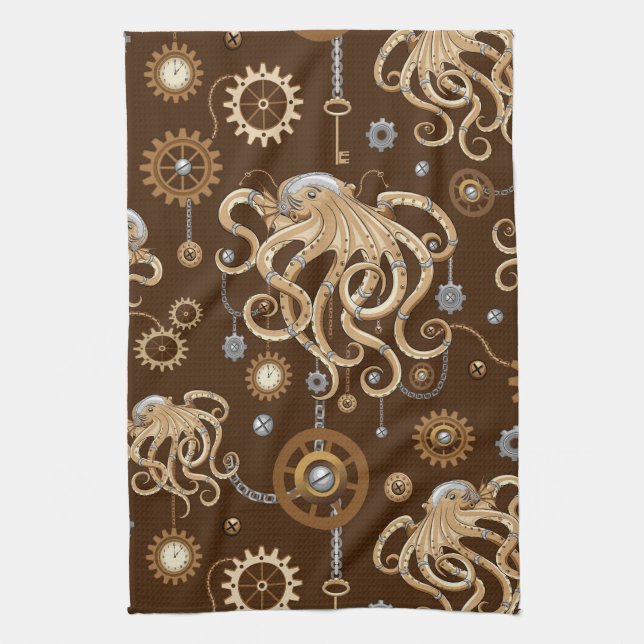 Octopus Steampunk Retro Mechanical Fantasy Kitchen Towel (Vertical)