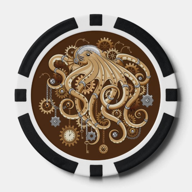 Octopus Steampunk Retro Mechanical Fantasy Poker Chips (Front)