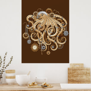 Octopus Steampunk Retro Mechanical Fantasy Poster