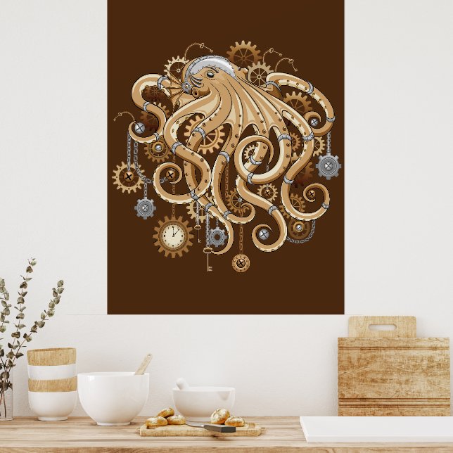 Octopus Steampunk Retro Mechanical Fantasy Poster (Kitchen)