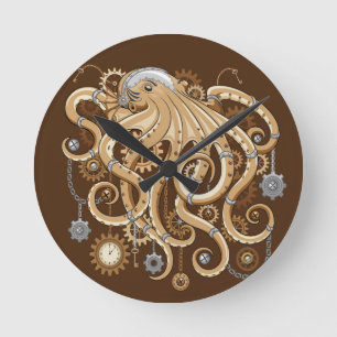 Octopus Steampunk Retro Mechanical Fantasy Round Clock