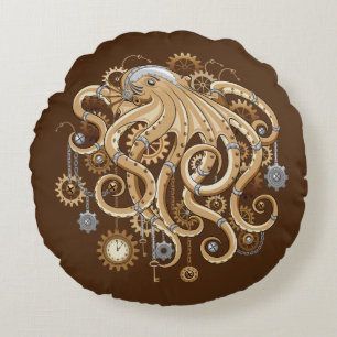 Octopus Steampunk Retro Mechanical Fantasy Round Pillow