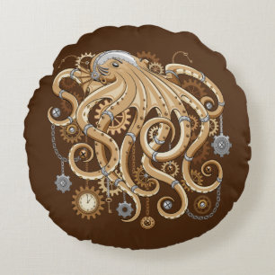 Octopus Steampunk Retro Mechanical Fantasy Round Pillow