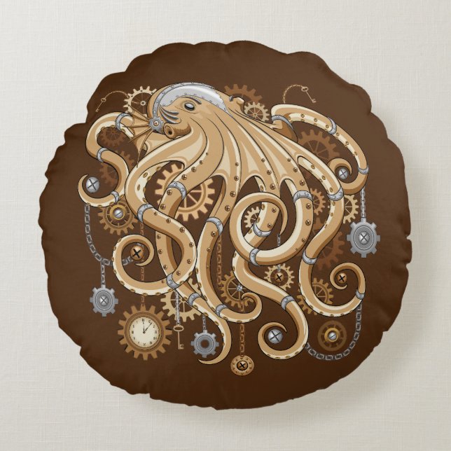 Octopus Steampunk Retro Mechanical Fantasy Round Pillow (Front)