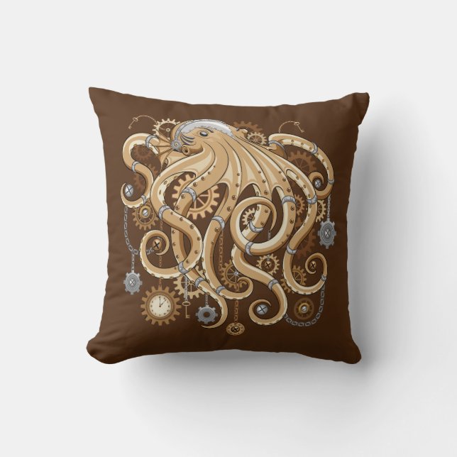 Octopus Steampunk Retro Mechanical Fantasy Throw Pillow (Front)