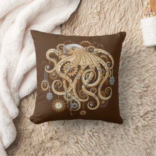 Octopus Steampunk Retro Mechanical Fantasy Throw Pillow