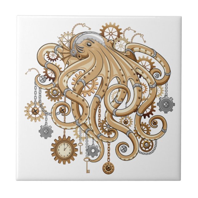 Octopus Steampunk Retro Mechanical Fantasy Tile (Front)