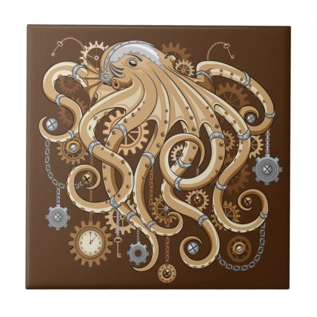 Octopus Steampunk Retro Mechanical Fantasy Tile (Front)