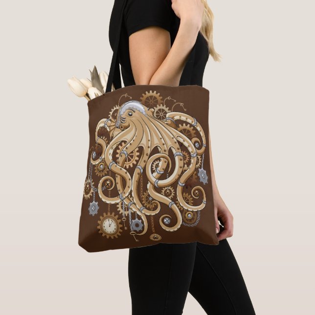 Octopus Steampunk Retro Mechanical Fantasy Tote Bag (Close Up)