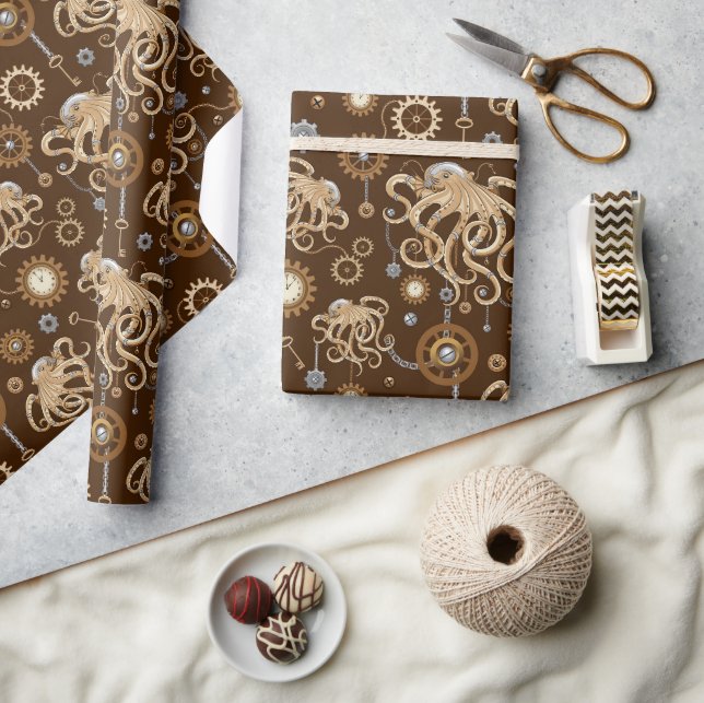 Octopus Steampunk Retro Mechanical Fantasy Wrapping Paper (Crafts)