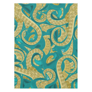 Octopus Tablecloth Teal Gold Art Design