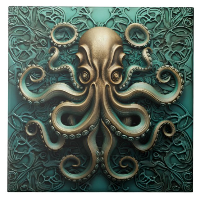 Octopus Teal and Copper Marine Life Aquatic Tile (Front)