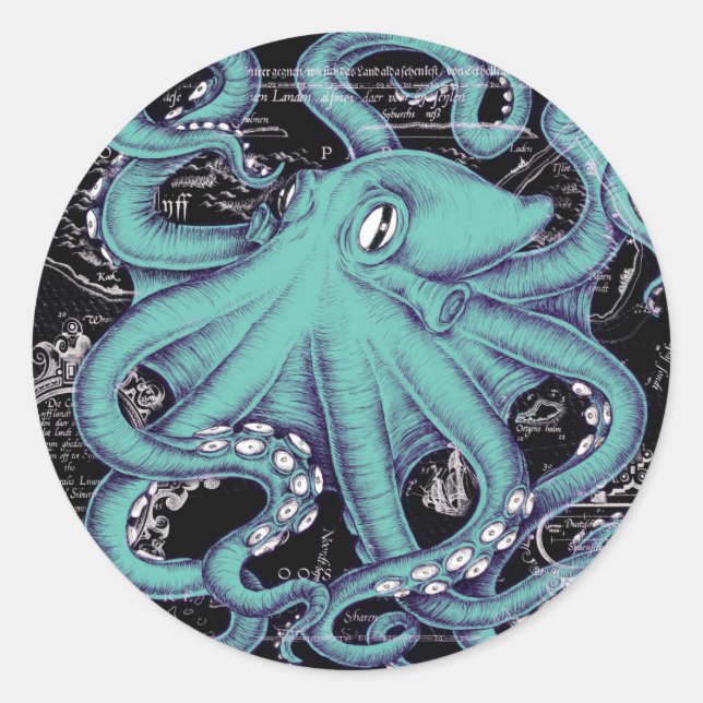 Octopus Teal vintage map Ink Classic Round Sticker (Front)