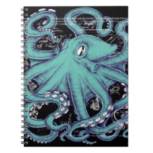 Octopus Teal vintage map Ink Notebook