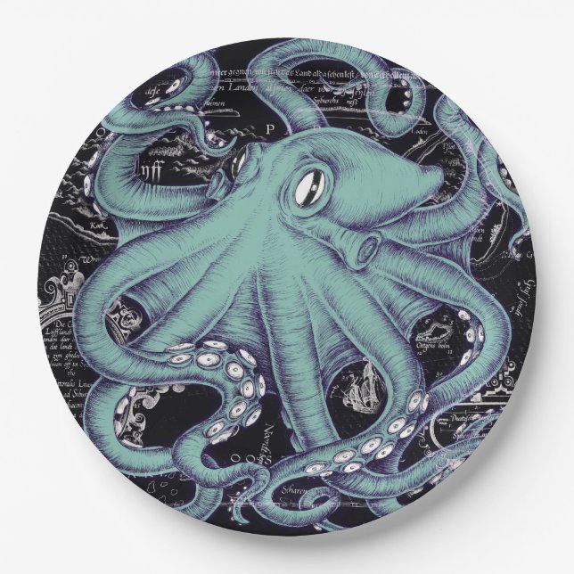 Octopus Teal vintage map Ink Paper Plate (Front)