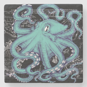 Octopus Teal vintage map Ink Stone Coaster