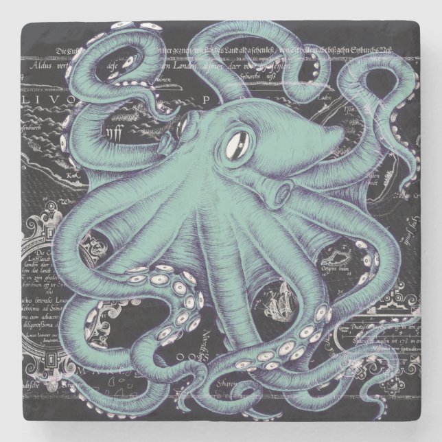 Octopus Teal vintage map Ink Stone Coaster (Front)