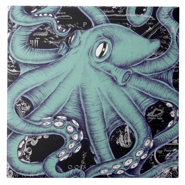 Octopus Teal vintage map Ink Tile (Front)