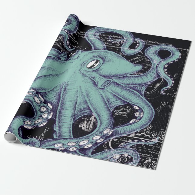 Octopus Teal vintage map Ink Wrapping Paper (Unrolled)