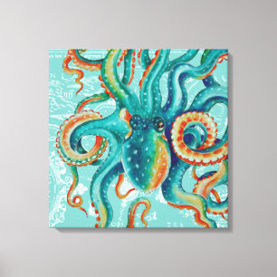 Octopus Teal Vintage Map Watercolor Canvas Print