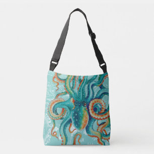 Octopus Teal Vintage Map Watercolor Crossbody Bag