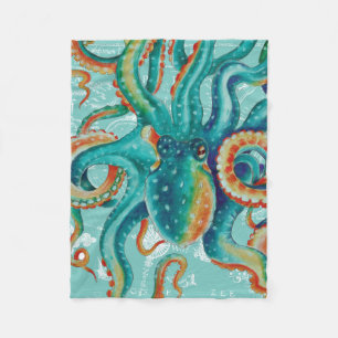Octopus Teal Vintage Map Watercolor Fleece Blanket