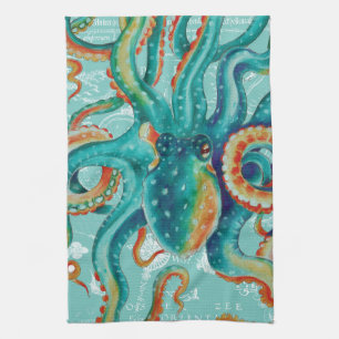 Octopus Teal Vintage Map Watercolor Kitchen Towel