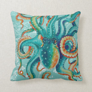 Octopus Teal Vintage Map Watercolor Throw Pillow