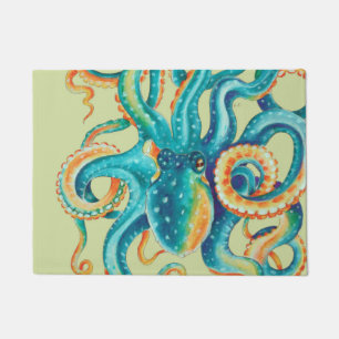 Octopus Teal Yellow Green Watercolor Art Doormat