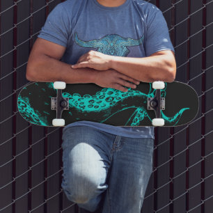 octopus tentacles aqua on black skate board