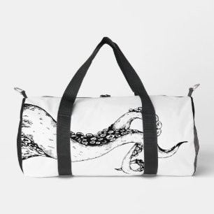 octopus tentacles black on white duffle bag